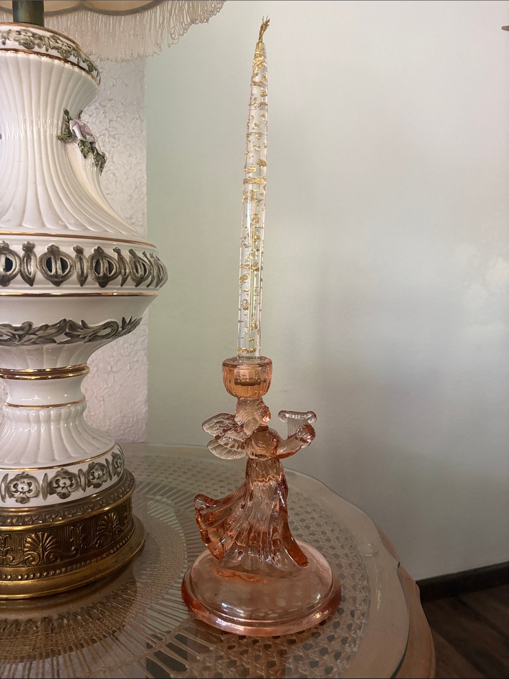Vintage MCM lucite gold/silver flake crystal clear candlestick candle